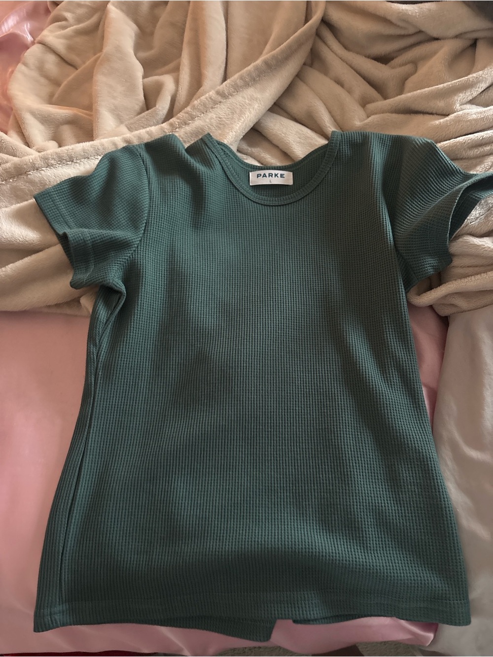 Parke Short Sleeve Ribbed Tee in Forest Green worn once